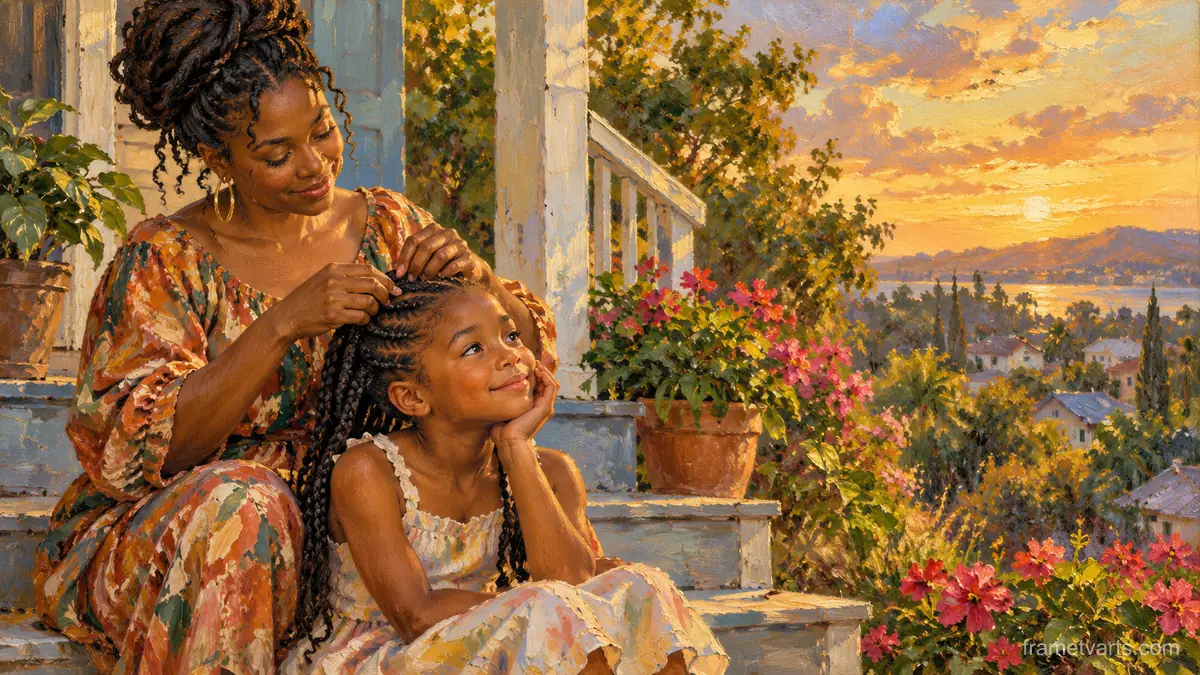 Black mother braiding her daughter's hair on the porch steps – impressionist oil painting Samsung Frame TV art, 4K