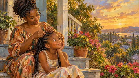 Black mother braiding her daughter's hair on the porch steps – impressionist oil painting Frame TV art