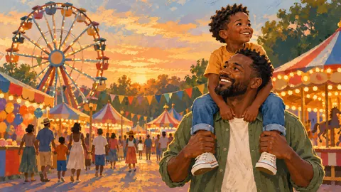 Black father carrying his son on his shoulders at a fair – storybook gouache Frame TV art
