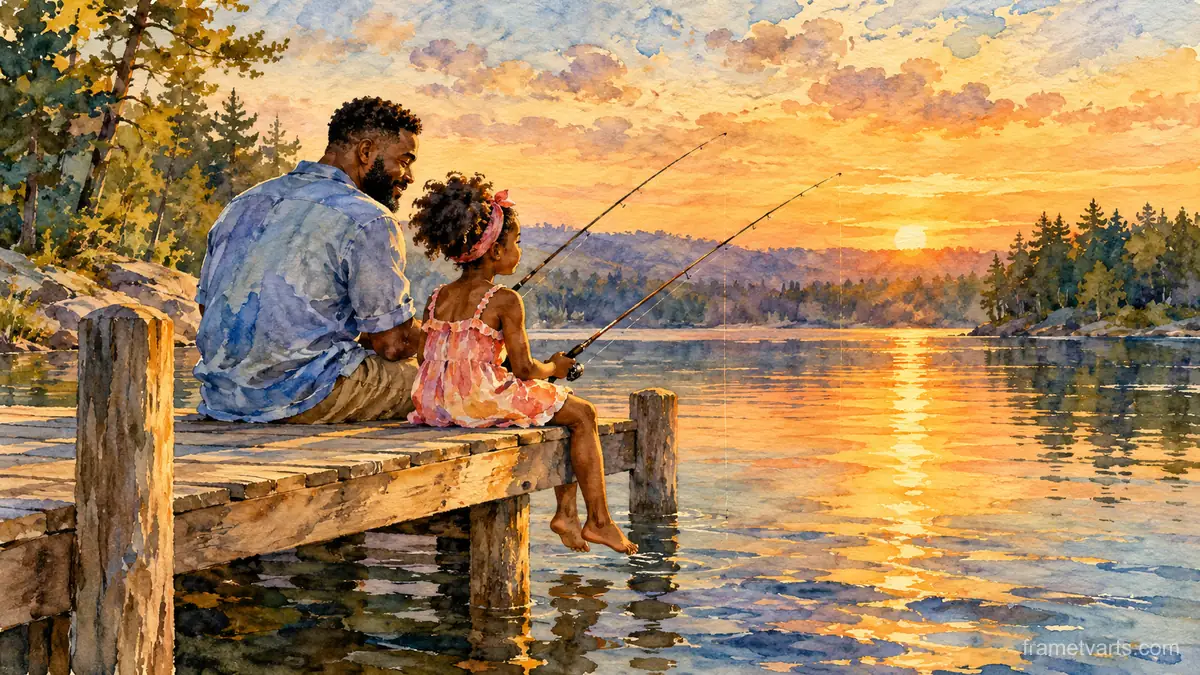 Black father and daughter fishing from a dock – loose watercolor Samsung Frame TV art, 4K