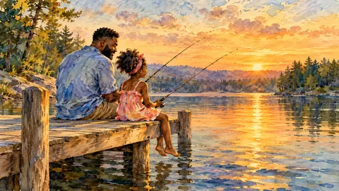 Black father and daughter fishing from a dock – loose watercolor Frame TV art