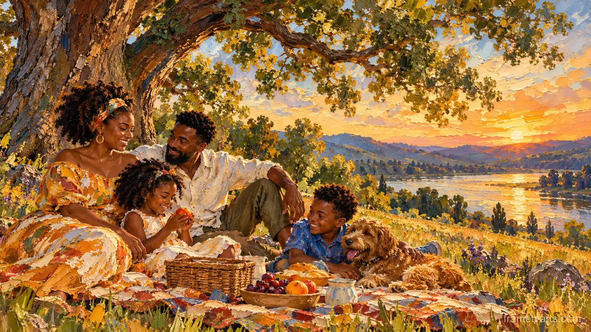 Black family picnic under a big oak – expressive palette-knife painting Samsung Frame TV art, 4K