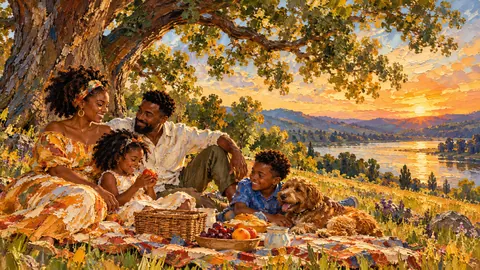Black family picnic under a big oak – expressive palette-knife painting Frame TV art