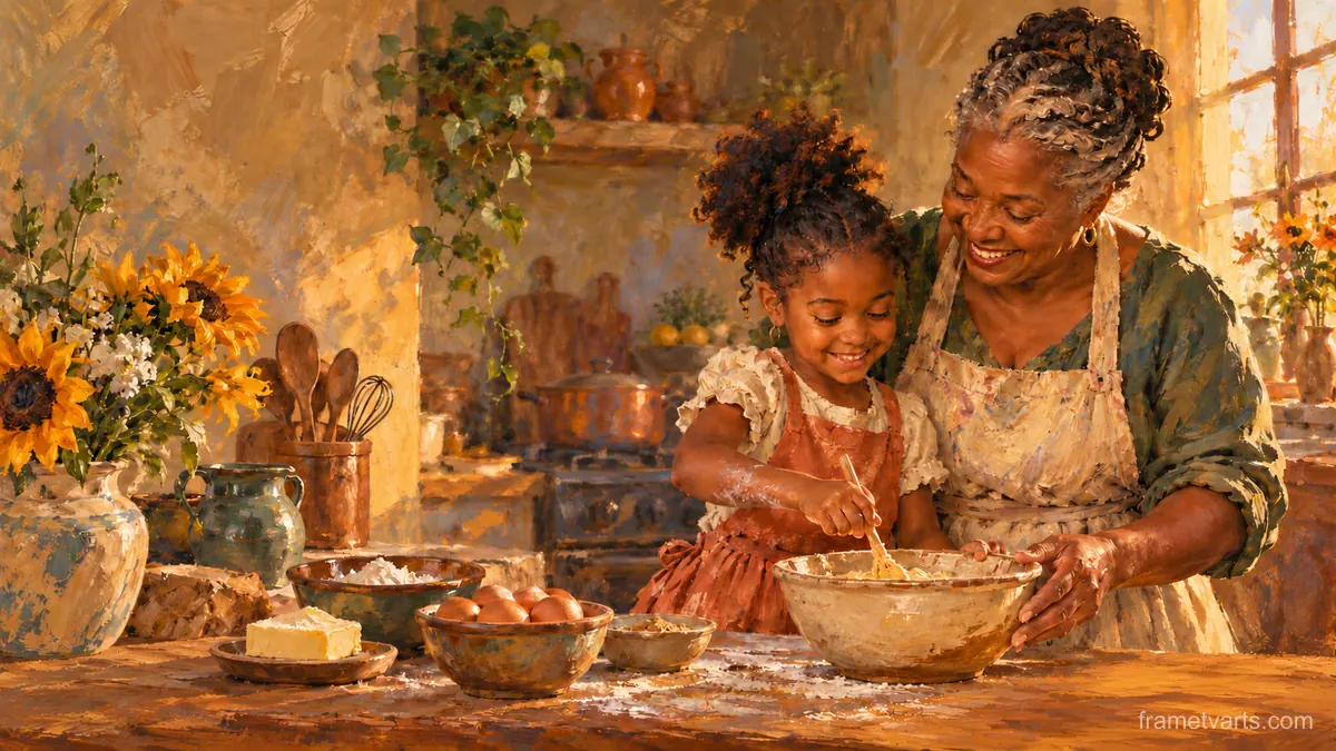 Black grandmother and granddaughter baking together – tonal oil painting Samsung Frame TV art, 4K