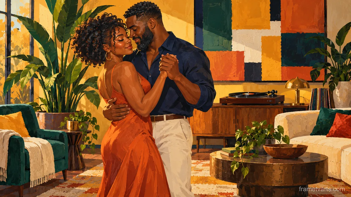 Black couple slow dancing in a living room – modern color-block figurative painting Samsung Frame TV art, 4K