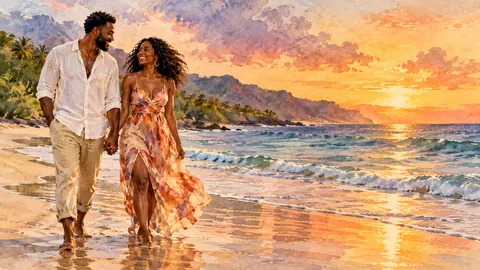 Black couple walking hand in hand on a beach – elegant watercolor Frame TV art