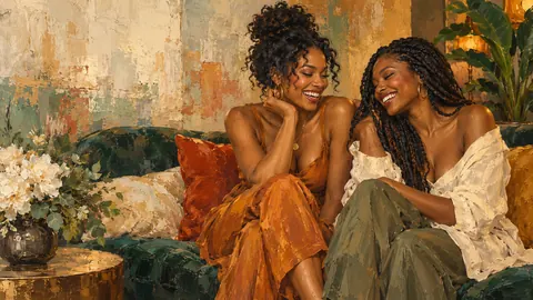 Black sisters laughing together on a sofa – contemporary figurative oil portrait Frame TV art