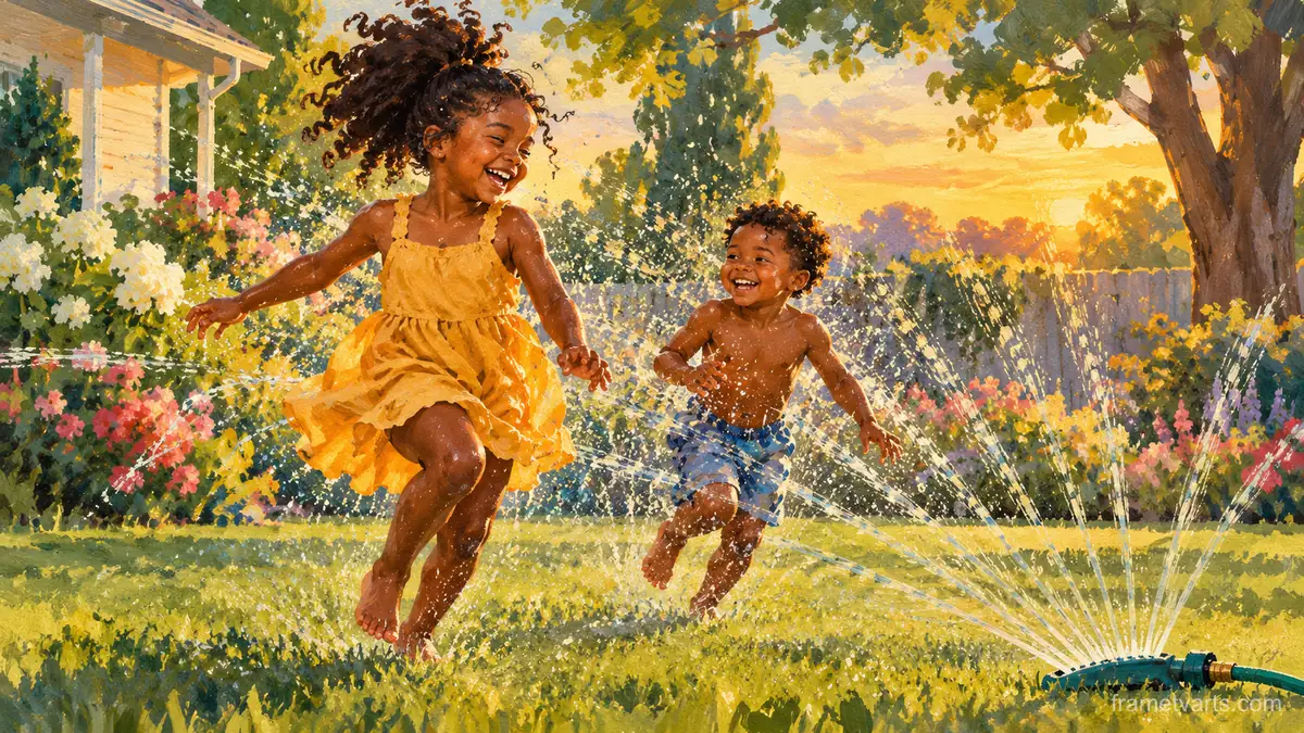 Black siblings running through a sprinkler – storybook gouache Samsung Frame TV art, 4K