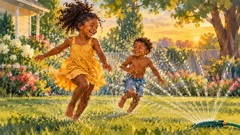 Black siblings running through a sprinkler – storybook gouache Frame TV art