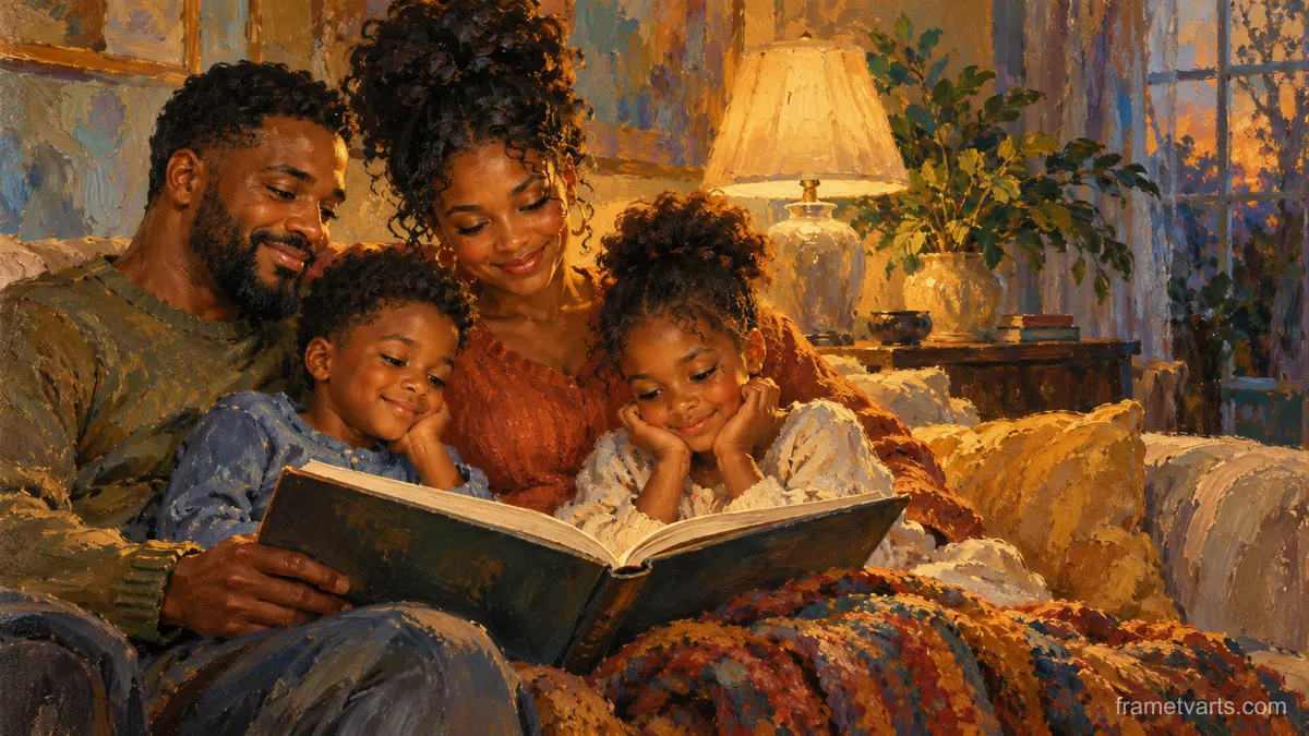 Black family reading together by lamplight – impressionist oil painting Samsung Frame TV art, 4K