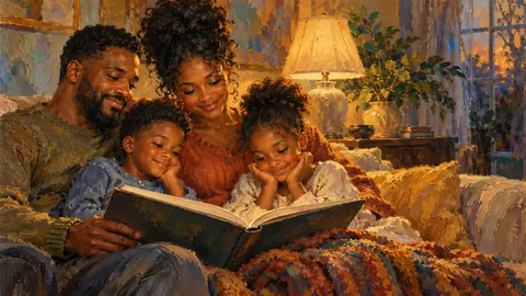Black family reading together by lamplight – impressionist oil painting Frame TV art