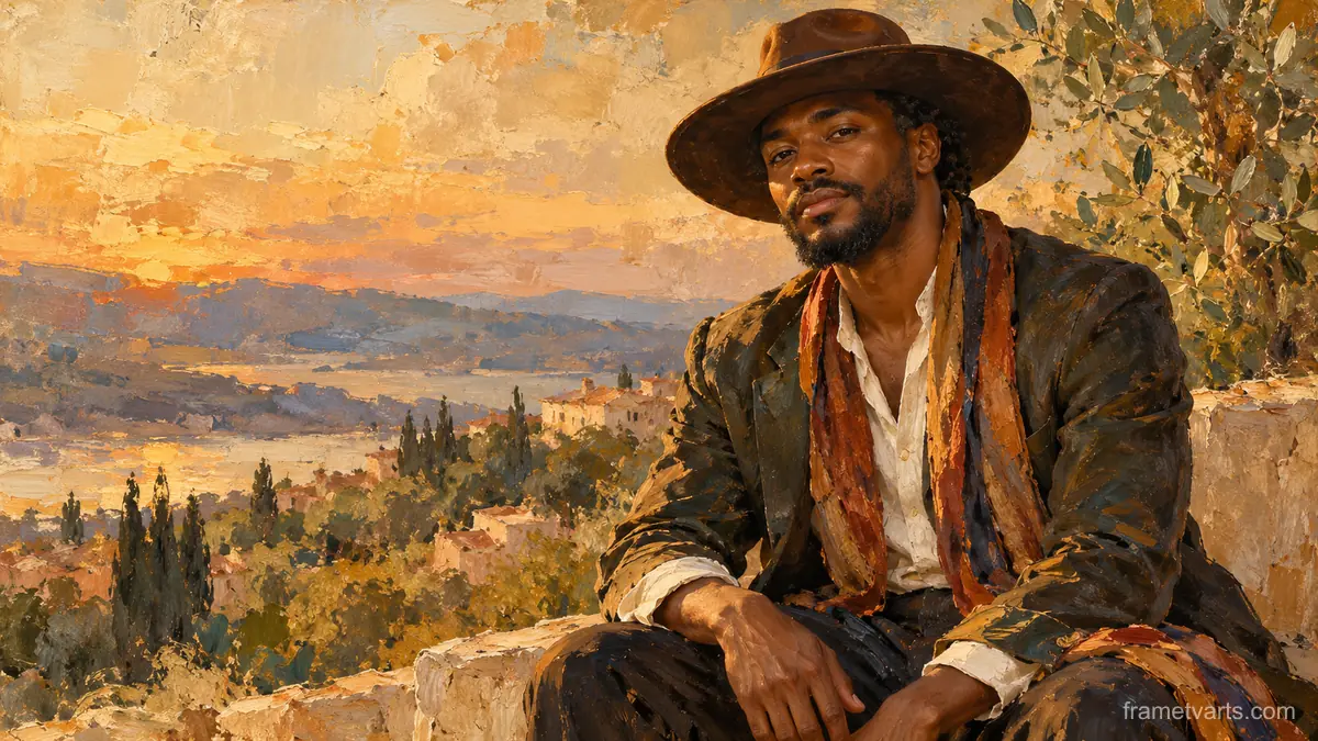 Black man in a wide-brimmed hat, portrait – contemporary figurative oil portrait Samsung Frame TV art, 4K