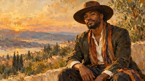 Black man in a wide-brimmed hat, portrait – contemporary figurative oil portrait Frame TV art