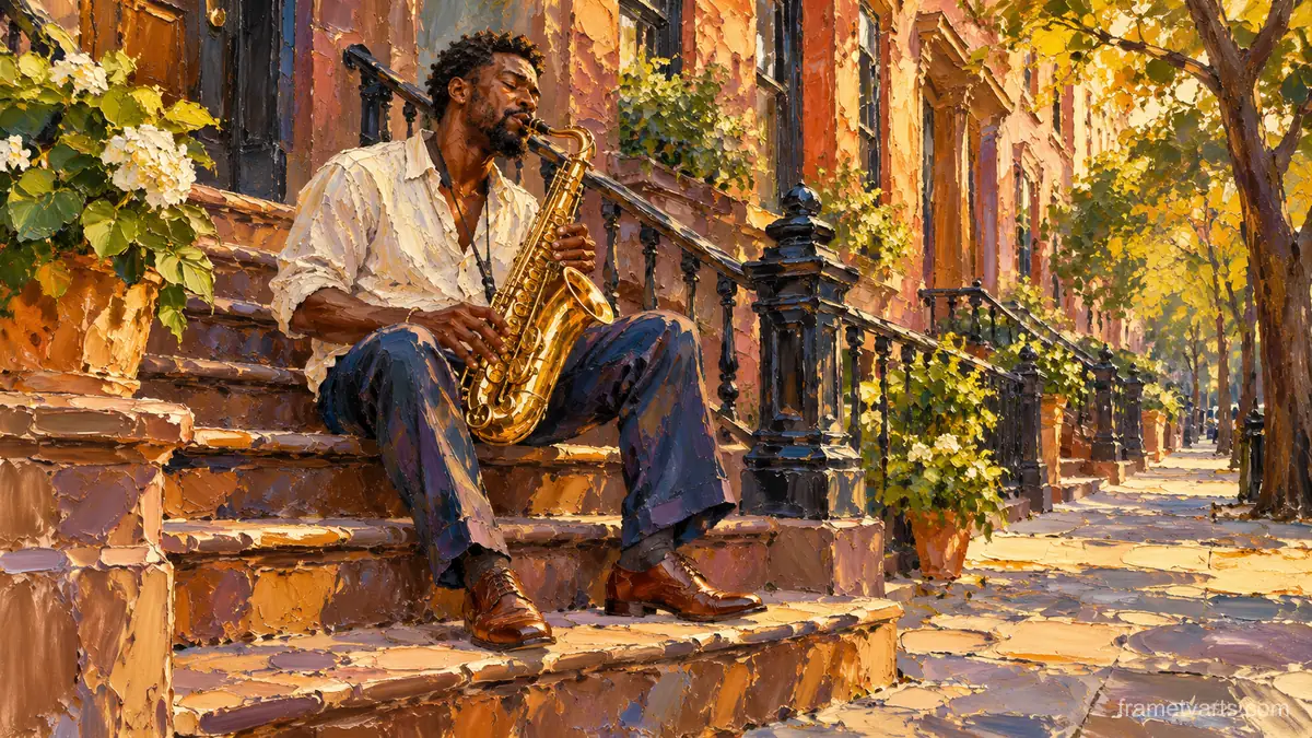 Black man playing saxophone on a city stoop – expressive palette-knife painting Samsung Frame TV art, 4K