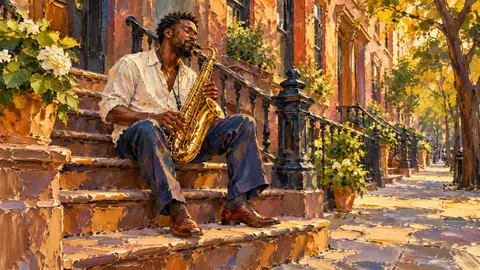 Black man playing saxophone on a city stoop – expressive palette-knife painting Frame TV art