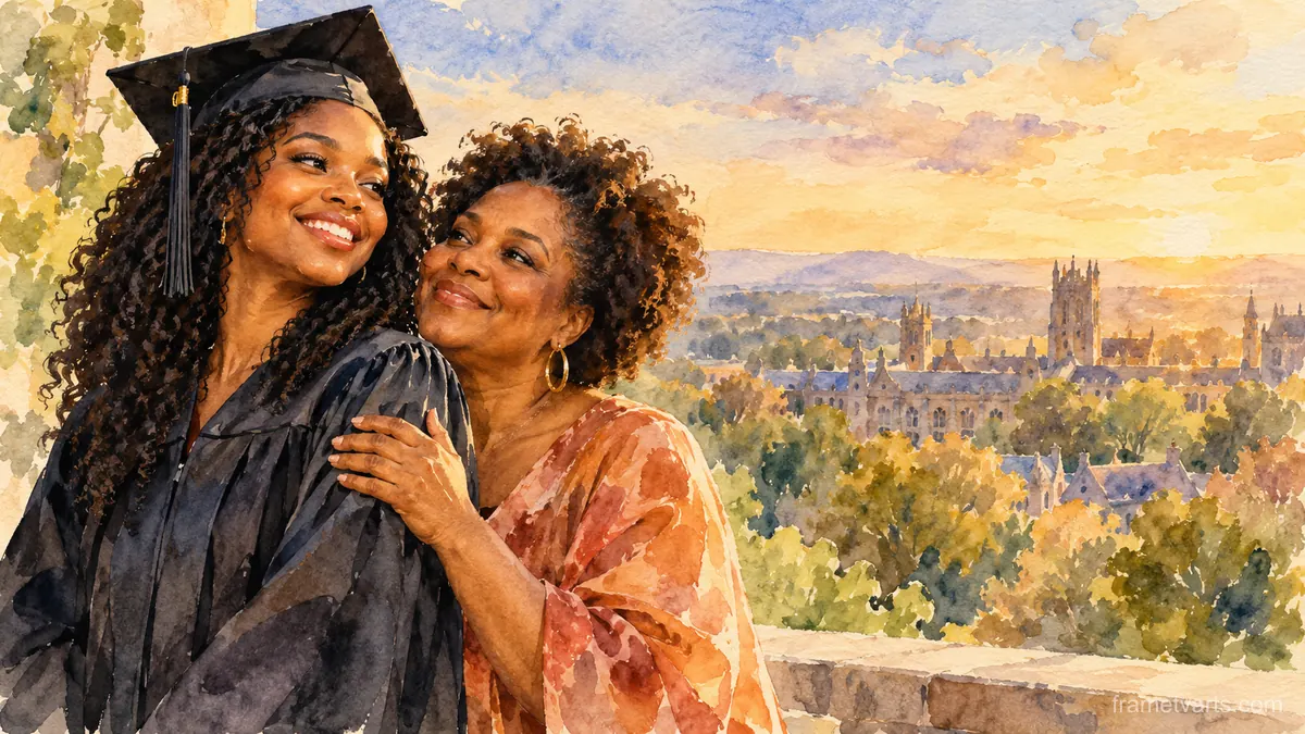 Black graduate in cap and gown with her proud mother – loose watercolor Samsung Frame TV art, 4K