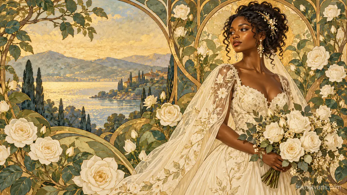 Black bride in an ivory gown among white roses – decorative art nouveau painting Samsung Frame TV art, 4K
