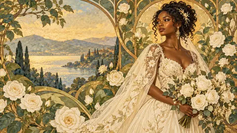 Black bride in an ivory gown among white roses – decorative art nouveau painting Frame TV art