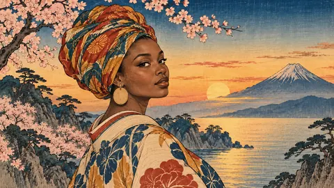 Black woman in a headwrap in Japanese woodblock style – japanese-inspired woodblock print Frame TV art