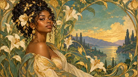 Black woman with gold leaf accents in an Art Nouveau frame of flowers – decorative art nouveau painting Frame TV art