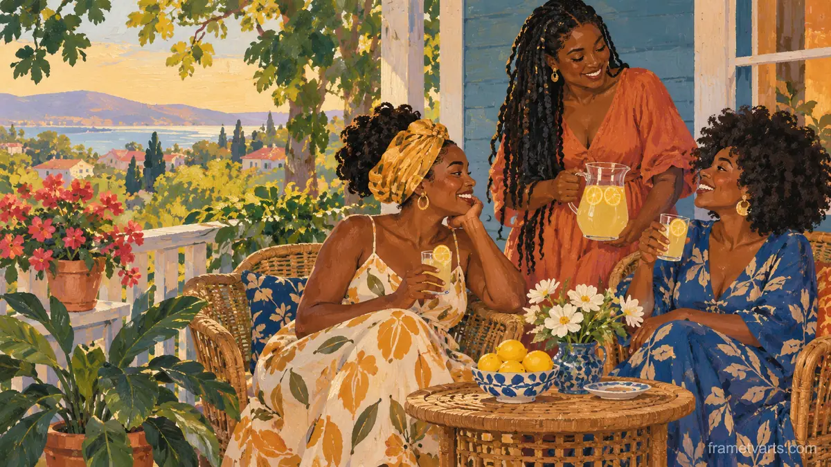 Black women friends sharing lemonade on a porch – decorative folk gouache Samsung Frame TV art, 4K