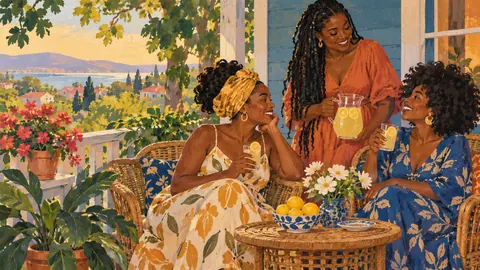 Black women friends sharing lemonade on a porch – decorative folk gouache Frame TV art