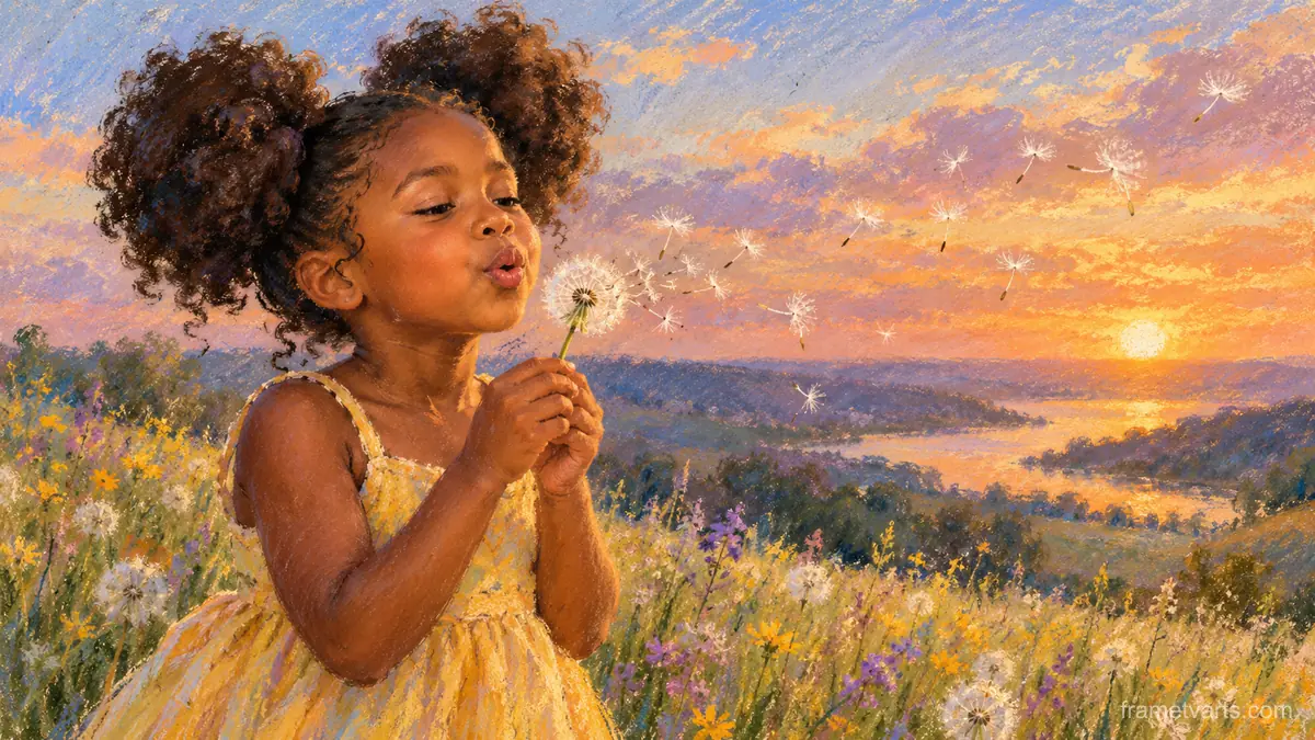 Black girl with afro puffs blowing dandelion seeds – soft pastel drawing Samsung Frame TV art, 4K