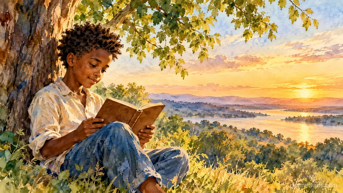 Black boy reading under a tree – loose watercolor Samsung Frame TV art, 4K