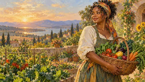 Black woman gardener with a basket of vegetables – impressionist oil painting Frame TV art