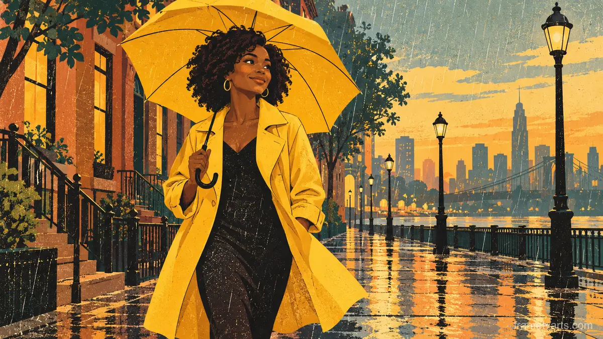 Black woman in a yellow raincoat on a rainy street – retro mid-century illustration Samsung Frame TV art, 4K