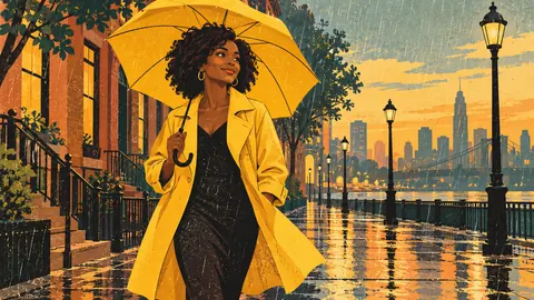 Black woman in a yellow raincoat on a rainy street – retro mid-century illustration Frame TV art
