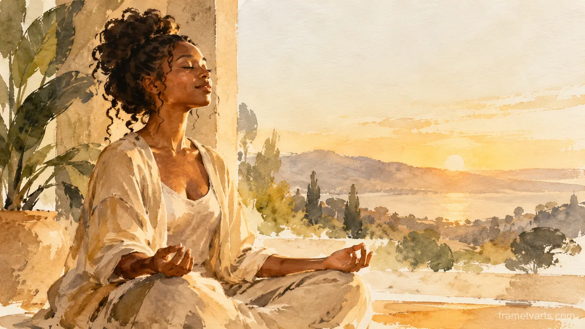 Black woman meditating in morning light – minimal ink and wash Samsung Frame TV art, 4K