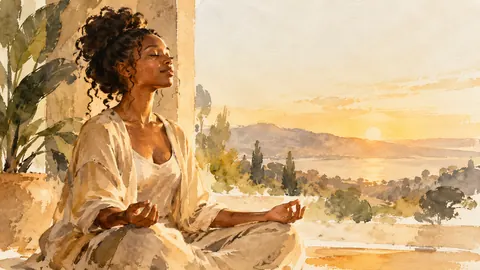 Black woman meditating in morning light – minimal ink and wash Frame TV art