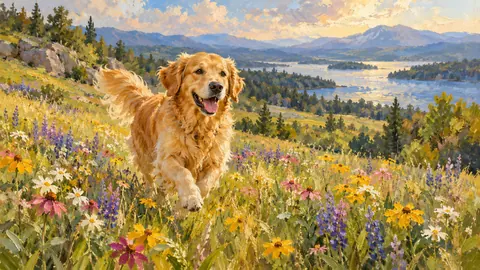 Golden retriever running through a wildflower field – impressionist oil painting Frame TV art