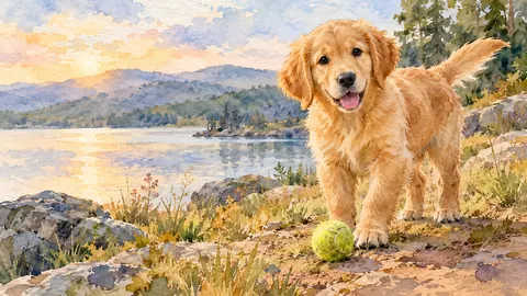 Golden retriever puppy with a tennis ball – loose watercolor Frame TV art