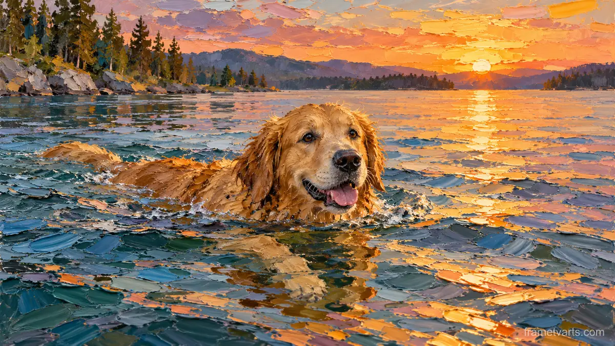 Golden retriever swimming in a lake at sunset – expressive palette-knife painting Samsung Frame TV art, 4K
