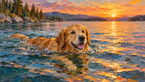 Golden retriever swimming in a lake at sunset – expressive palette-knife painting Frame TV art