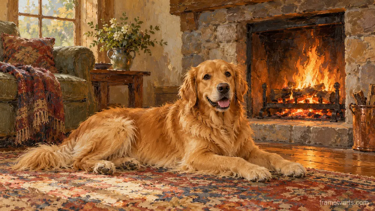 Golden retriever by a fireplace on a rug – tonal oil painting Samsung Frame TV art, 4K