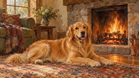 Golden retriever by a fireplace on a rug – tonal oil painting Frame TV art