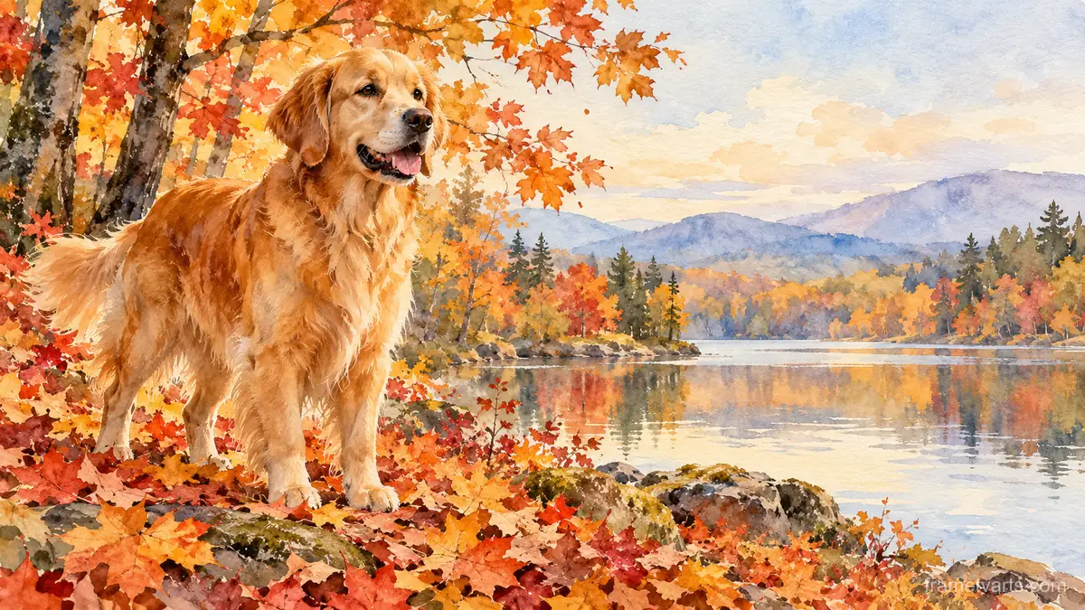 Golden retriever in autumn leaves – elegant watercolor Samsung Frame TV art, 4K
