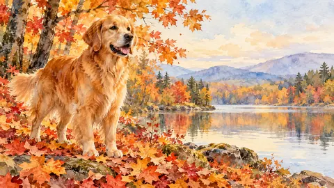 Golden retriever in autumn leaves – elegant watercolor Frame TV art