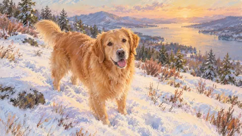 Golden retriever in fresh snow – soft pastel drawing Frame TV art