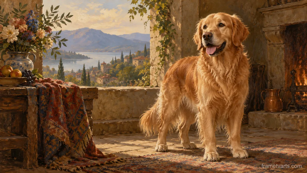 Golden retriever portrait in classical oil – classical devotional oil painting Samsung Frame TV art, 4K