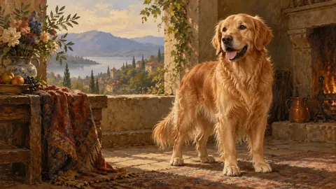 Golden retriever portrait in classical oil – classical devotional oil painting Frame TV art