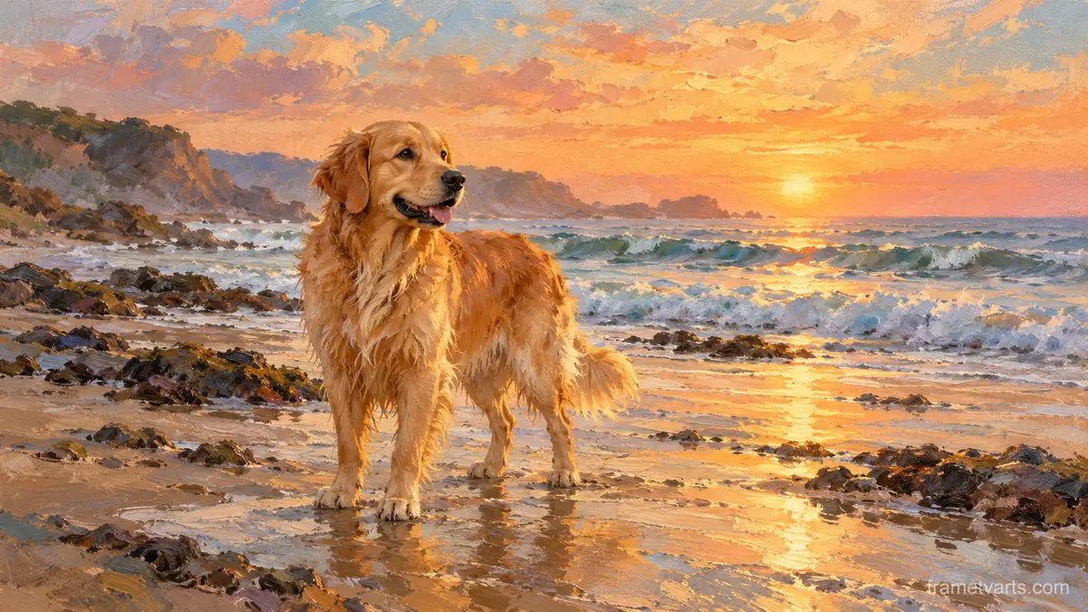 Golden retriever on a beach at dawn – impressionist oil painting Samsung Frame TV art, 4K