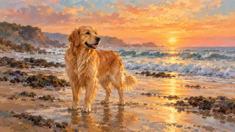 Golden retriever on a beach at dawn – impressionist oil painting Frame TV art