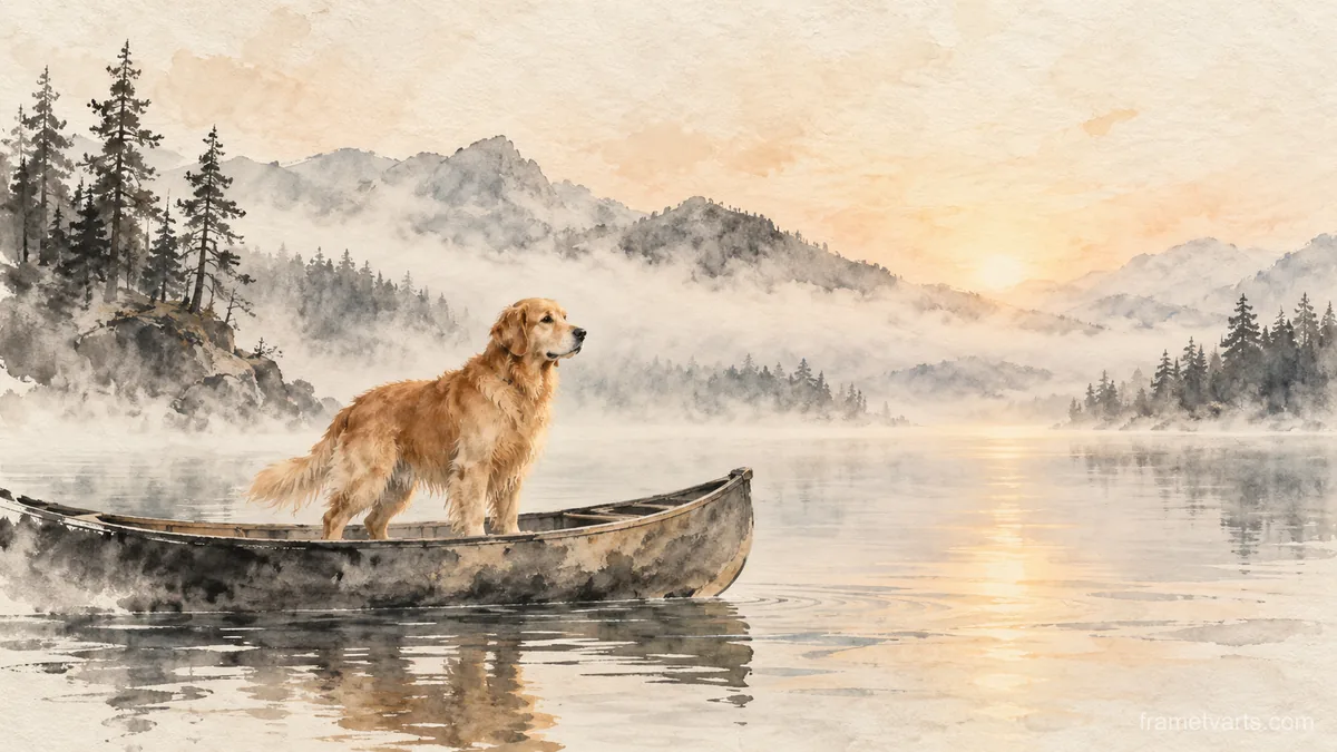 Golden retriever on a canoe in a misty lake – zen sumi-e ink wash Samsung Frame TV art, 4K