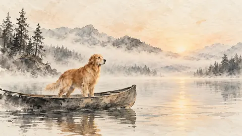Golden retriever on a canoe in a misty lake – zen sumi-e ink wash Frame TV art