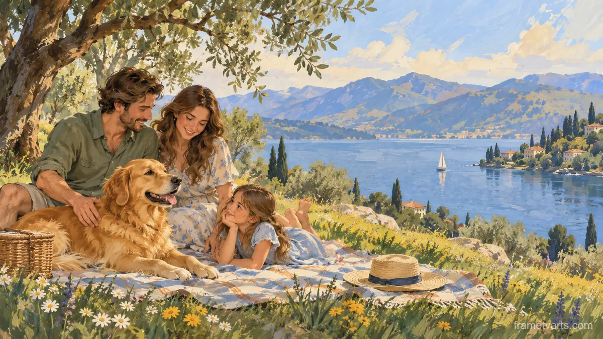 Golden retriever with a family on a picnic blanket – storybook gouache Samsung Frame TV art, 4K