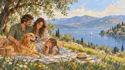 Golden retriever with a family on a picnic blanket – storybook gouache Frame TV art